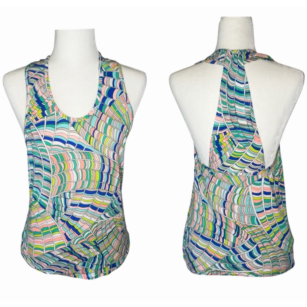 Trina Turk Recreation Yoga Top Draped Back Abstract Pink Blue Green Size Large** - Picture 2 of 16